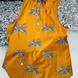 EUC ANN TAYLOR SLEEVELESS LINEN BLOUSE YELLOW w/PALM TREE DESIGN SZ XXS 🏝🌴